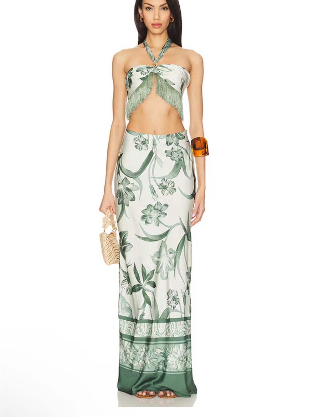NWT Rococo Sand SET Sage Green Fringe Halter Top & Maxi Skirt M/S Revolve